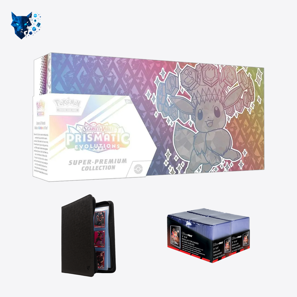 Prismatic Evolutions Super-Premium Collection, Ultra PRO 9-pocket Toploader Binder en 200 toploaders met 200 sleeves